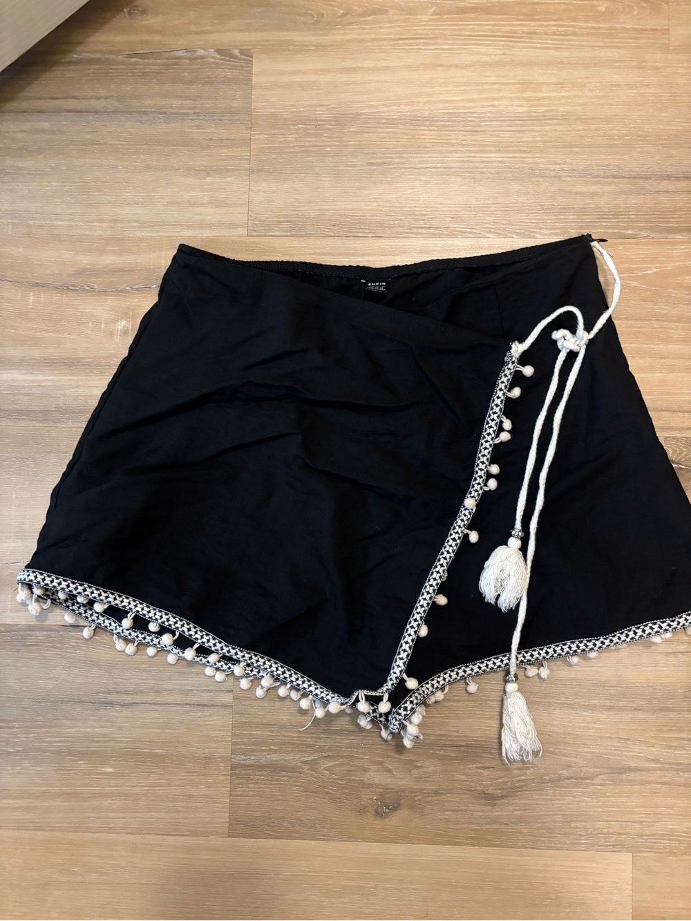 Black Pom Pom Trim Wrap Skort with Tassel Tie - Picture 2 of 2